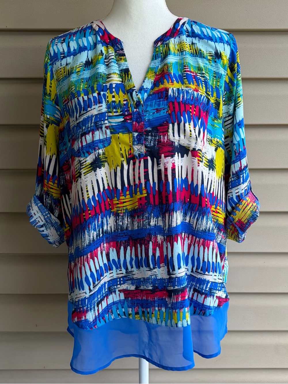 •New Directions• Abstract Print Roll Tab Sleeve Tunic Blouse - Size XL